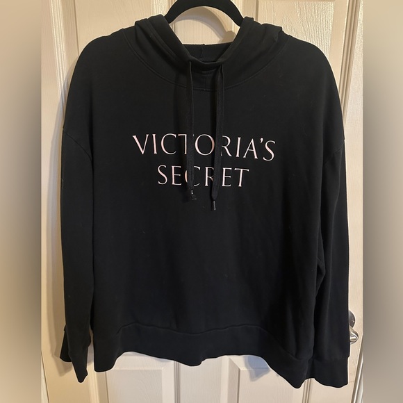 Victoria's Secret Lightweight Pullover Hoodie Logo Sweatshirt, Black w Pink, XL - Picture 2 of 8